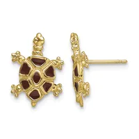 Gold turtle stud earrings with red garnet inlay shown from front and side views against a white background.