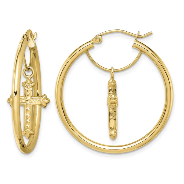 Pair of gold hoop earrings, one with a dangling cross pendant and one plain, shown from different angles.