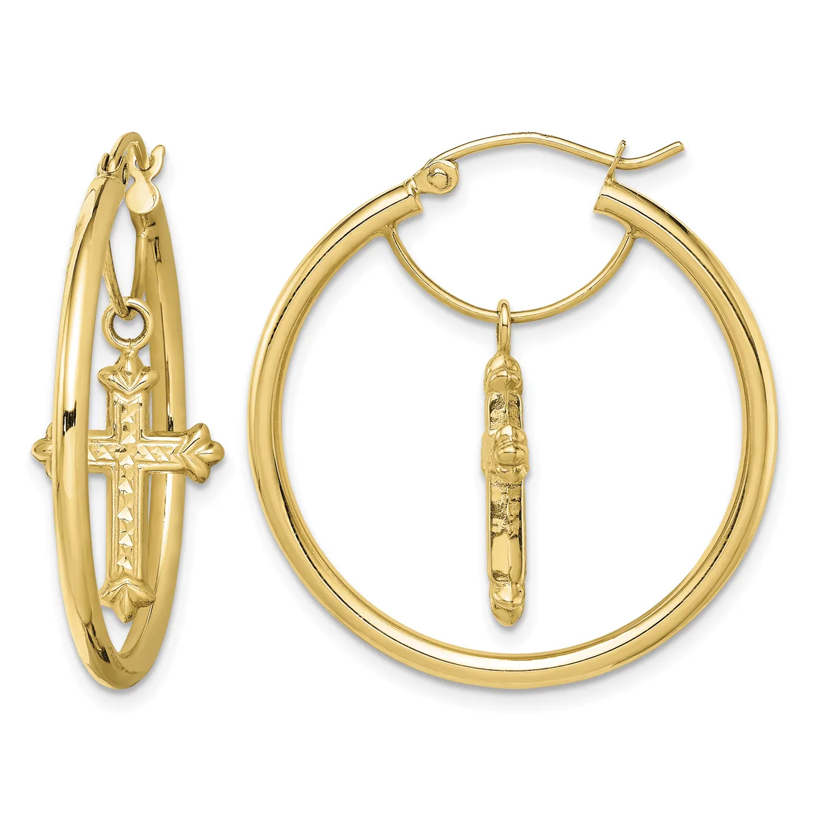 Pair of gold hoop earrings, one with a dangling cross pendant and one plain, shown from different angles.