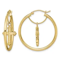 Pair of gold hoop earrings, one with a dangling cross pendant and one plain, shown from different angles.