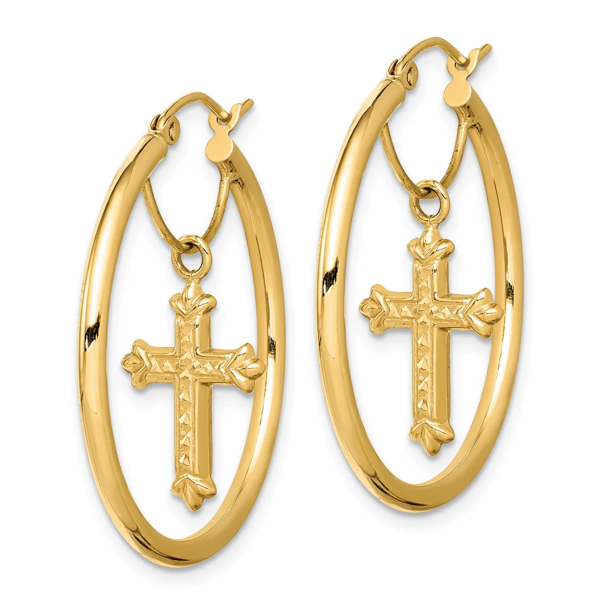 A pair of gold hoop earrings with dangling cross charms featuring decorative details, displayed against a white background.