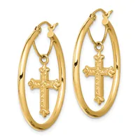 A pair of gold hoop earrings with dangling cross charms featuring decorative details, displayed against a white background.