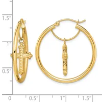 Gold-toned hoop earrings with decorative cross charms hanging inside, displayed next to a measurement scale showing approximately 1.5 inches in length.
