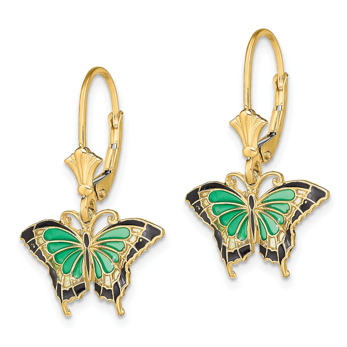A pair of gold leverback earrings featuring green and black enamel butterfly charms with detailed wing patterns.