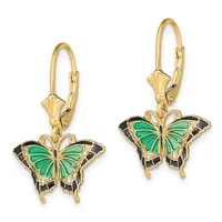 A pair of gold leverback earrings featuring green and black enamel butterfly charms with detailed wing patterns.