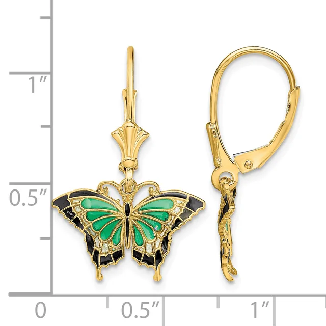 Gold-toned butterfly earrings with green and black enamel wings, shown front and side view next to a measurement scale.