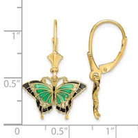 Gold-toned butterfly earrings with green and black enamel wings, shown front and side view next to a measurement scale.