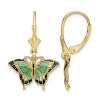 Gold butterfly earrings with green and black enamel wings, shown from front and side views with lever-back closures.