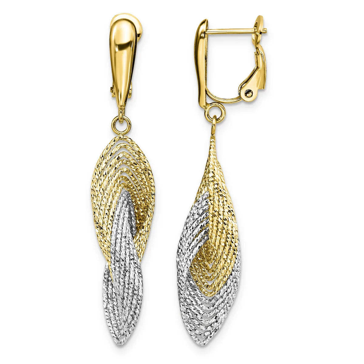Pair of two-tone gold and silver textured drop earrings with oval mesh pendants, shown from front and side views with lever-back closures.
