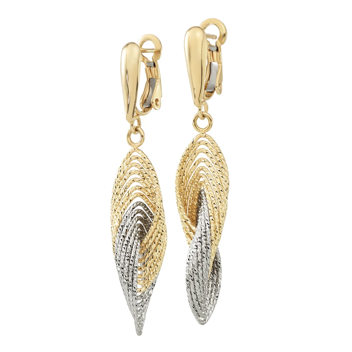 Pair of gold and silver two-tone textured drop earrings with hinged lever-back closures, featuring elongated pointed oval pendants.