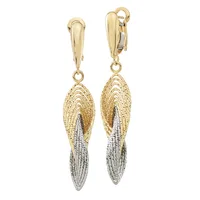 A pair of two-tone gold dangle earrings with textured oval pendants in yellow and white gold, suspended from polished yellow gold hooks with lever backs.
