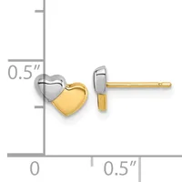 Two-tone heart stud earrings with white gold outer hearts and yellow gold inner hearts on gold posts, shown next to a measurement scale indicating 0.5 inch size.