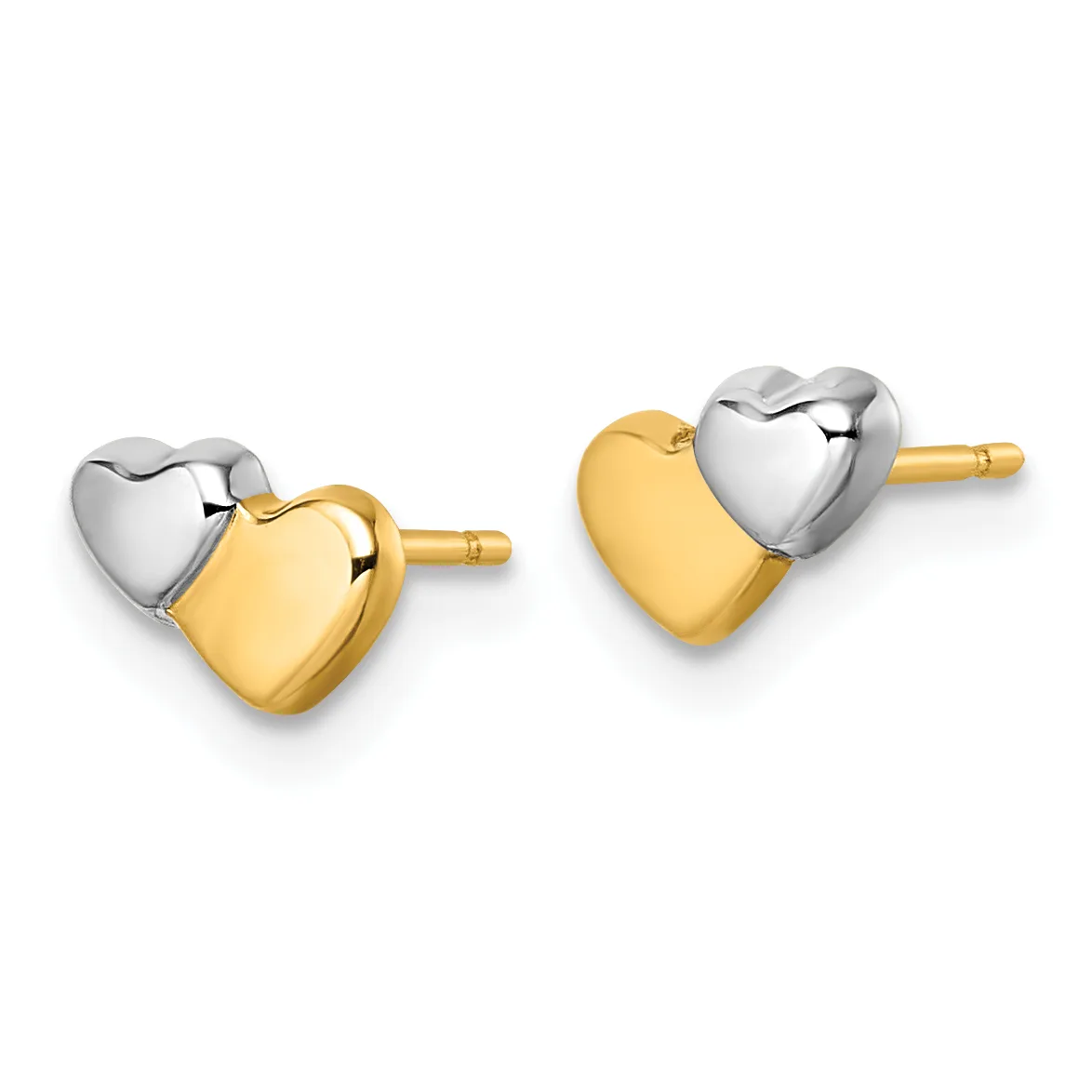 Pair of two-tone heart stud earrings with polished white metal tops and yellow gold bottoms, shown from front and back angles with gold posts.