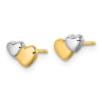 Pair of two-tone heart stud earrings with polished white metal tops and yellow gold bottoms, shown from front and back angles with gold posts.