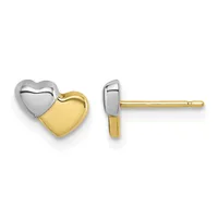 A pair of two-tone heart stud earrings featuring white rhodium-plated and yellow gold-plated hearts, shown from front and side views.