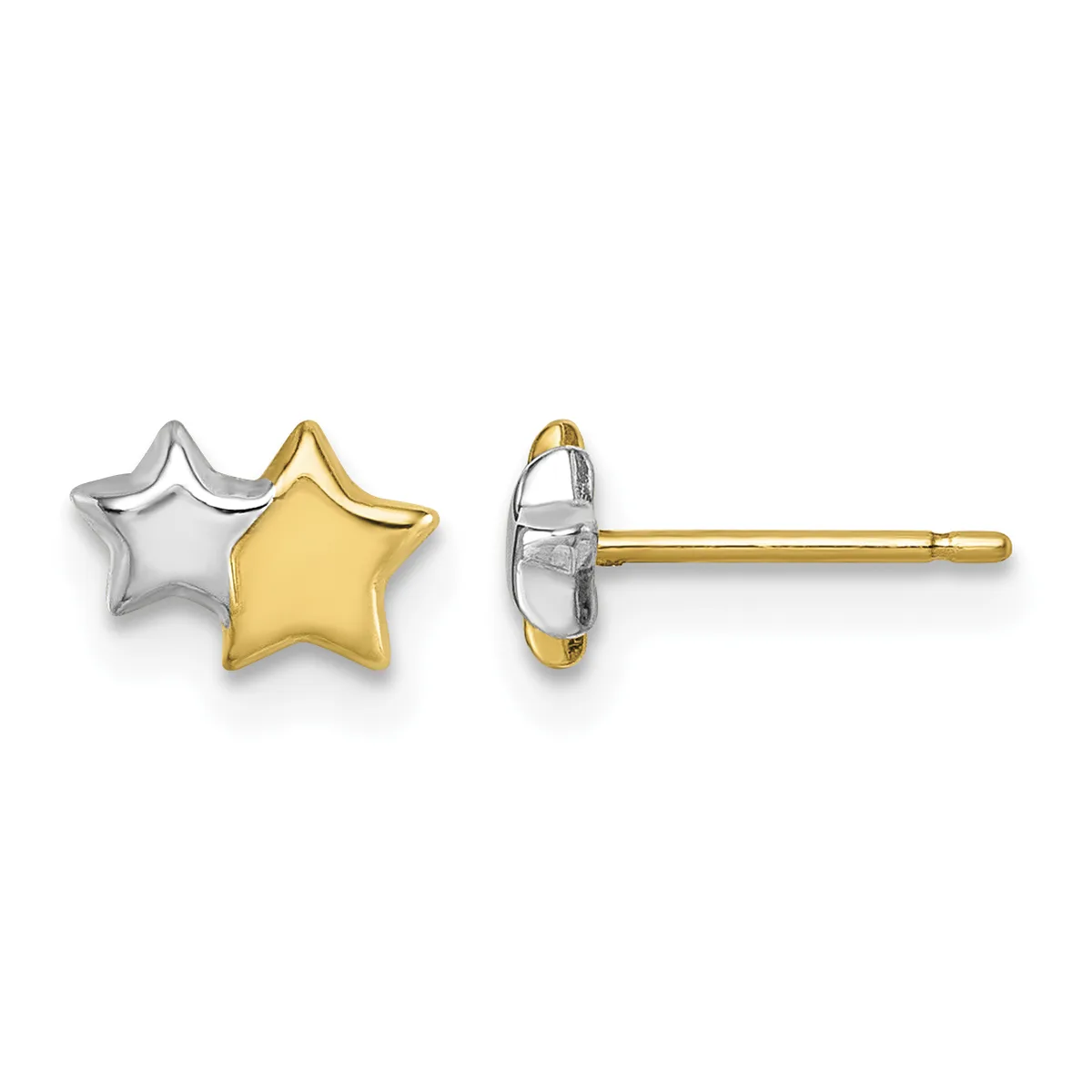 Two-tone star stud earrings with rhodium-plated and gold-plated components, shown from front and back views.