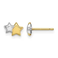 Two-tone star stud earrings with rhodium-plated and gold-plated components, shown from front and back views.