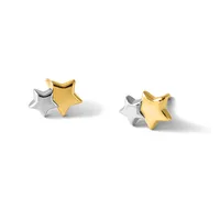 Two pairs of star-shaped earrings, each featuring a gold star overlapping a silver star, displayed against a white background.
