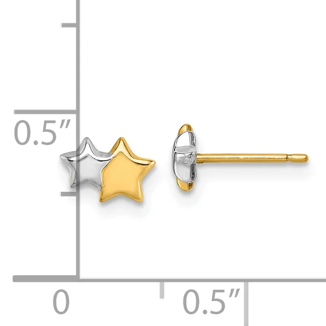 Two-tone star stud earrings with yellow gold front and white gold back shown next to a measurement scale indicating approximately 0.5 inches in size.