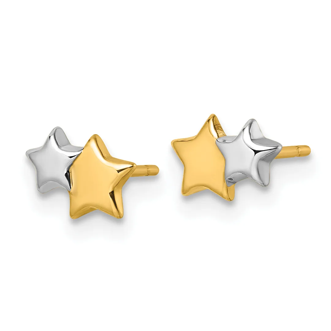 A pair of star-shaped stud earrings in two-tone gold and silver, shown from the front and back views.