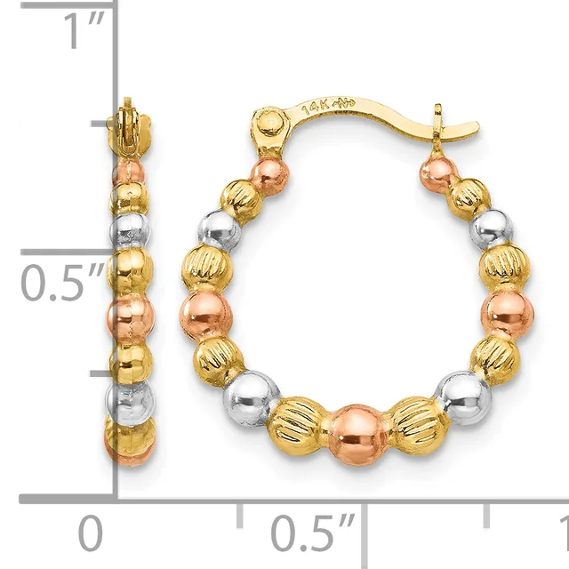 A pair of tri-color gold hoop earrings with alternating textured and smooth beads in yellow, white, and rose gold, shown with measurement scale indicating approximately one inch in length.