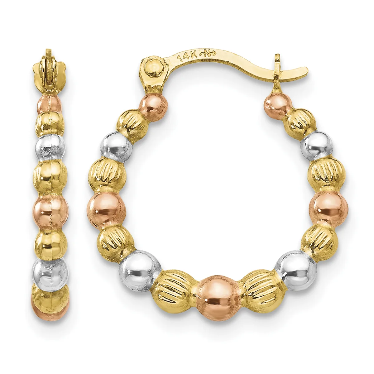 A pair of gold hoop earrings with alternating textured gold, rose gold, and silver spherical beads strung throughout, displayed on a white background.