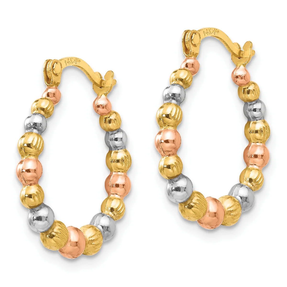A pair of tricolor beaded hoop earrings with yellow, rose, and white gold spheres arranged in an alternating pattern, shown against a white background.