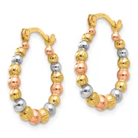 A pair of tricolor beaded hoop earrings with yellow, rose, and white gold spheres arranged in an alternating pattern, shown against a white background.