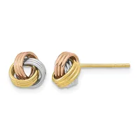 Pair of tricolor gold stud earrings with interlocking loops in yellow, white, and rose gold on gold posts.