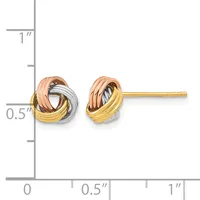 Tri-color gold knot stud earrings with yellow, rose, and white gold bands shown next to a measurement scale.