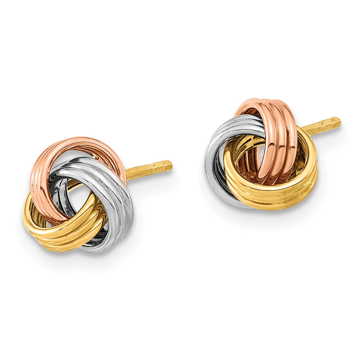 A pair of tricolor gold stud earrings featuring interlocking loops of rose, white, and yellow gold with gold posts and backs.