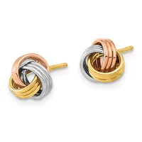 A pair of tricolor gold stud earrings featuring interlocking loops of rose, white, and yellow gold with gold posts and backs.