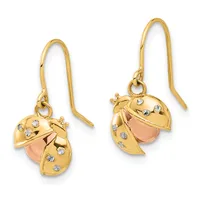 Pair of gold ladybug-shaped dangle earrings with cubic zirconia accents and peach-colored stone centers, shown on fish hook wires.