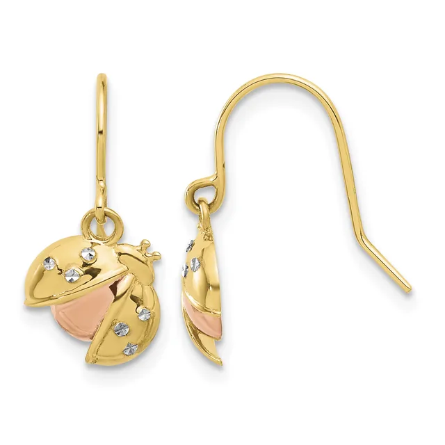 Pair of gold fish-shaped dangle earrings with rose gold accents and small diamond or crystal embellishments, shown from front and side views on fishhook wires.