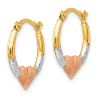 Pair of tricolor hoop earrings with yellow gold upper sections, white gold lower sections, and rose gold heart charms, shown from the front.