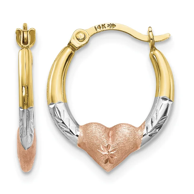 Pair of tricolor gold hoop earrings with a heart-shaped charm, shown from front and side views with a small stamped hallmark visible on the band.