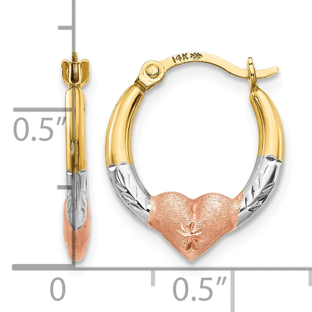 Tricolor gold hoop earrings with a textured rose gold heart charm suspended from yellow and white gold curved tubes, shown front and side view with measurement scale.