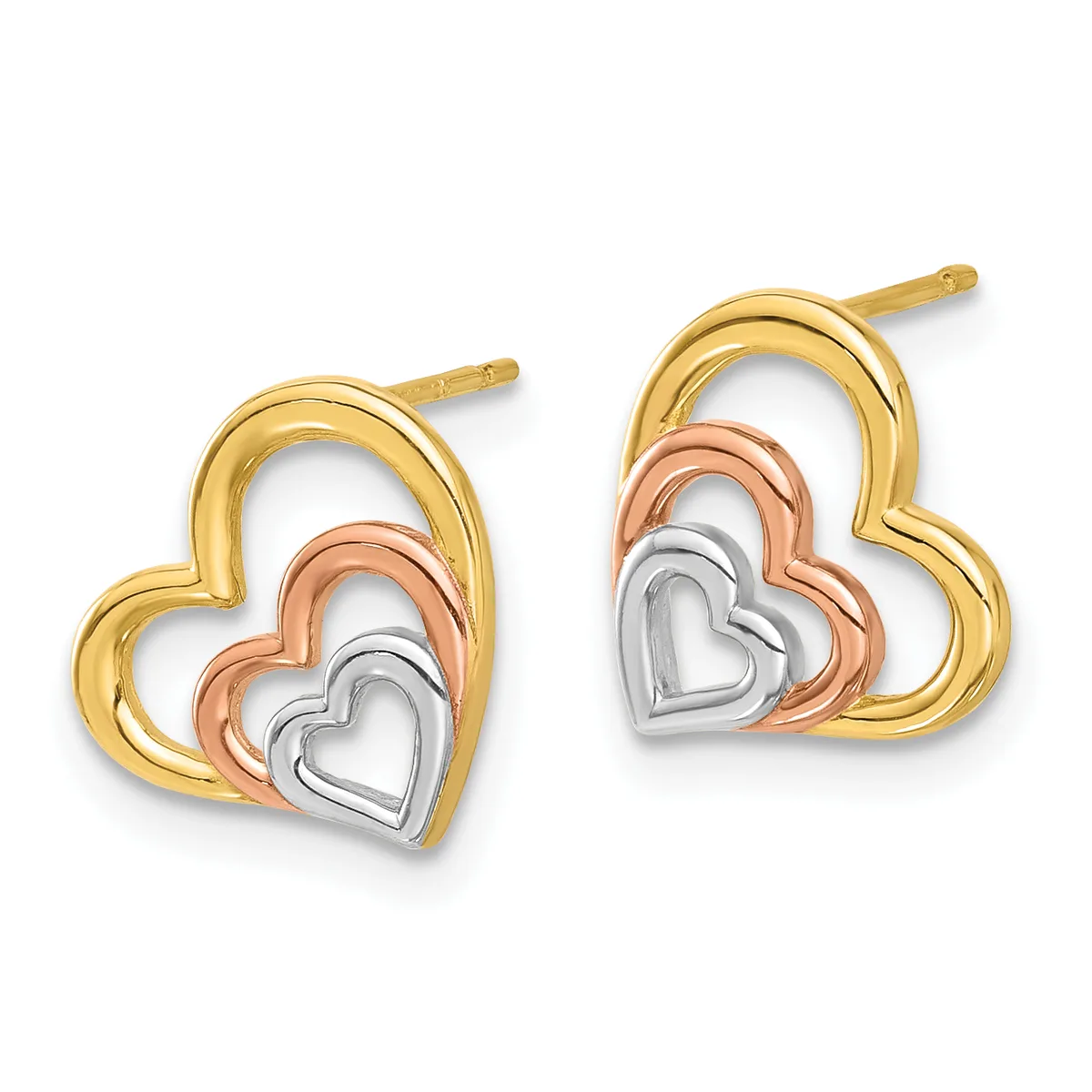 Pair of tricolor heart stud earrings with nested yellow gold, rose gold, and white gold hearts on posts, displayed against a white background.