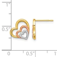 Tri-color stud earrings featuring three nested hearts in yellow gold, rose gold, and white gold, displayed next to a ruler showing approximately 0.5 inches in height.