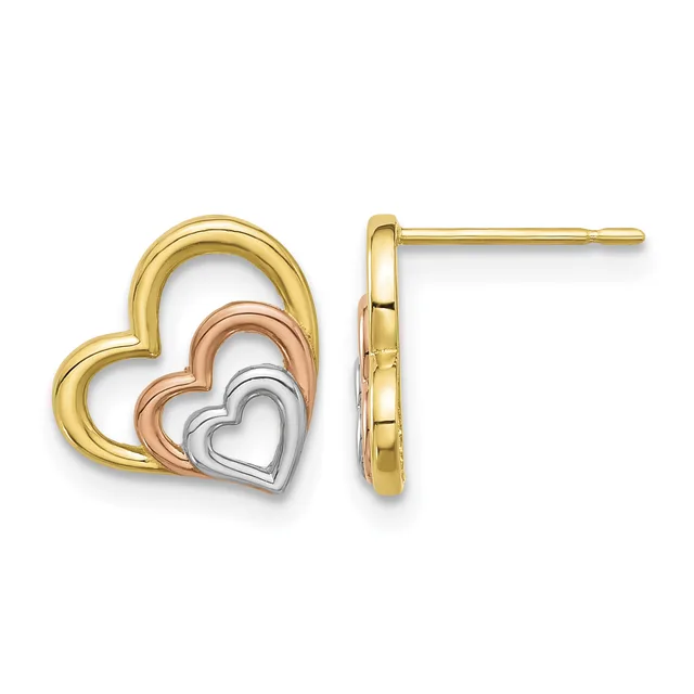 Tri-color heart stud earrings in yellow, rose, and white gold with nested heart outlines, shown from front and side views.