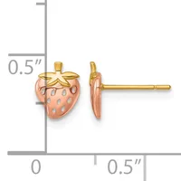 Strawberry-shaped stud earrings in rose and yellow gold with a measurement scale showing 0.5 inches in height.