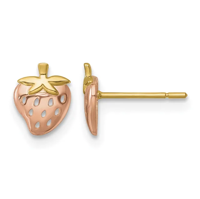 Pair of strawberry-shaped stud earrings in rose and yellow gold with cutout details, shown from front and side views.