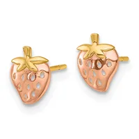 A pair of strawberry-shaped stud earrings with rose gold bodies, gold-toned leaves on top, and cutout seed details, shown from the front and back.