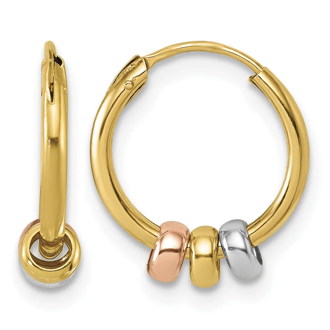 Pair of gold hoop earrings with hinged closures, decorated with three sliding beads in rose gold, yellow gold, and white gold.
