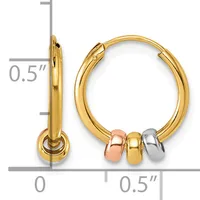 Pair of gold hoop earrings with three decorative beads in rose, yellow, and white gold, measuring 0.5 inches in diameter.