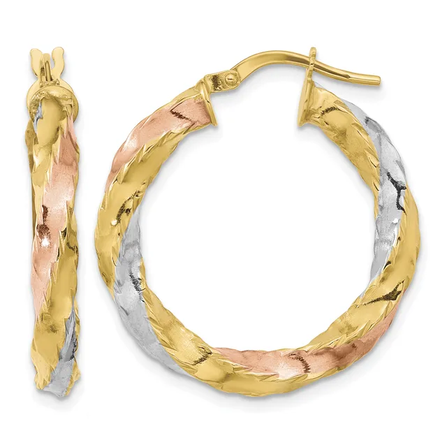 Pair of three-tone twisted hoop earrings in yellow, rose, and white gold with post and clutch closures.