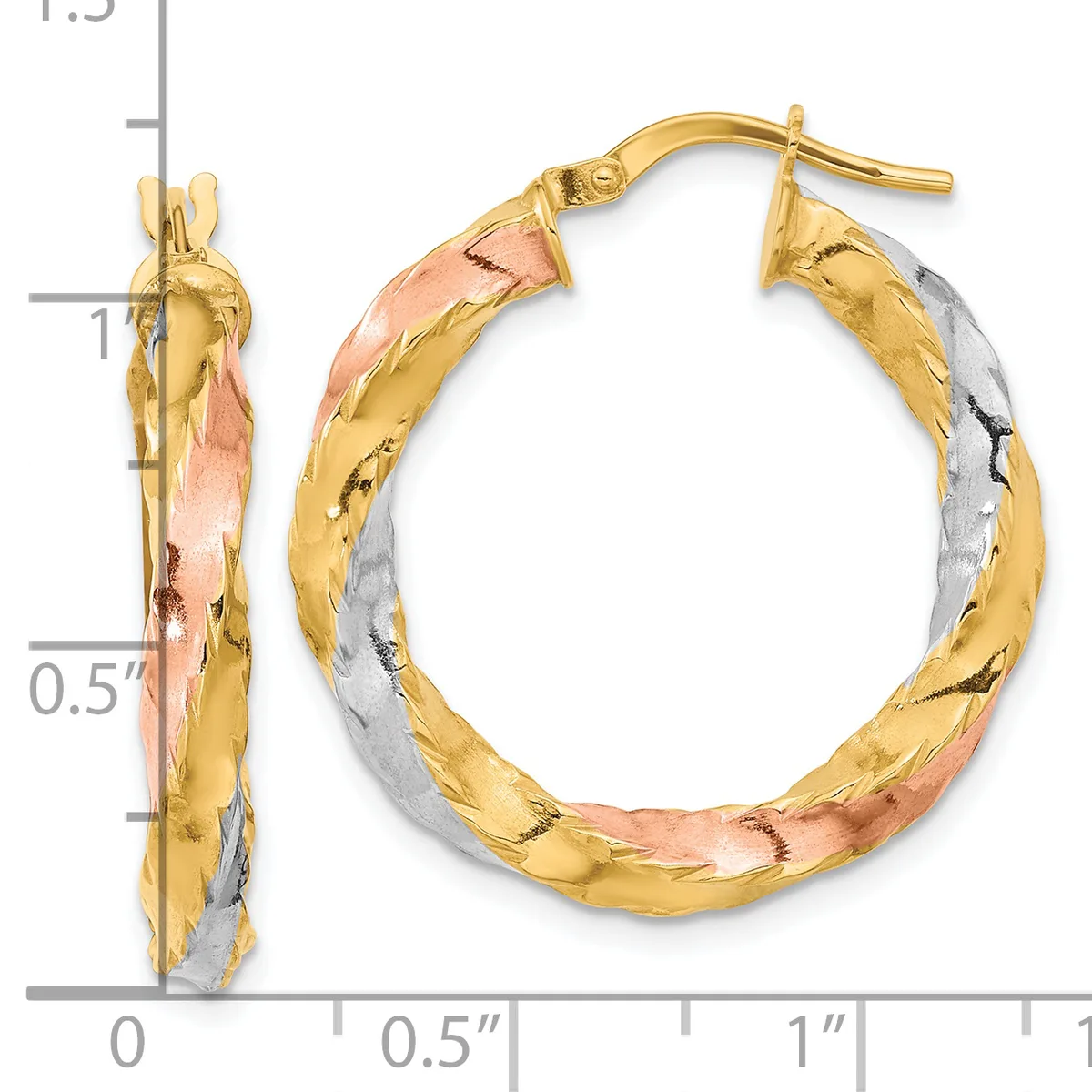 Pair of tricolor gold hoop earrings with textured surface and post backs, displayed against a measurement scale.