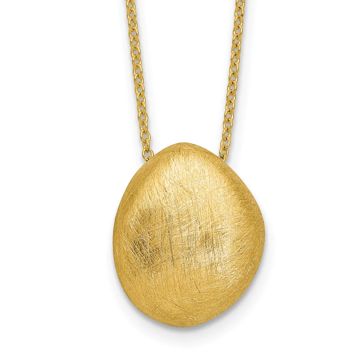 Gold oval pendant with brushed finish suspended from a gold chain necklace against a white background.