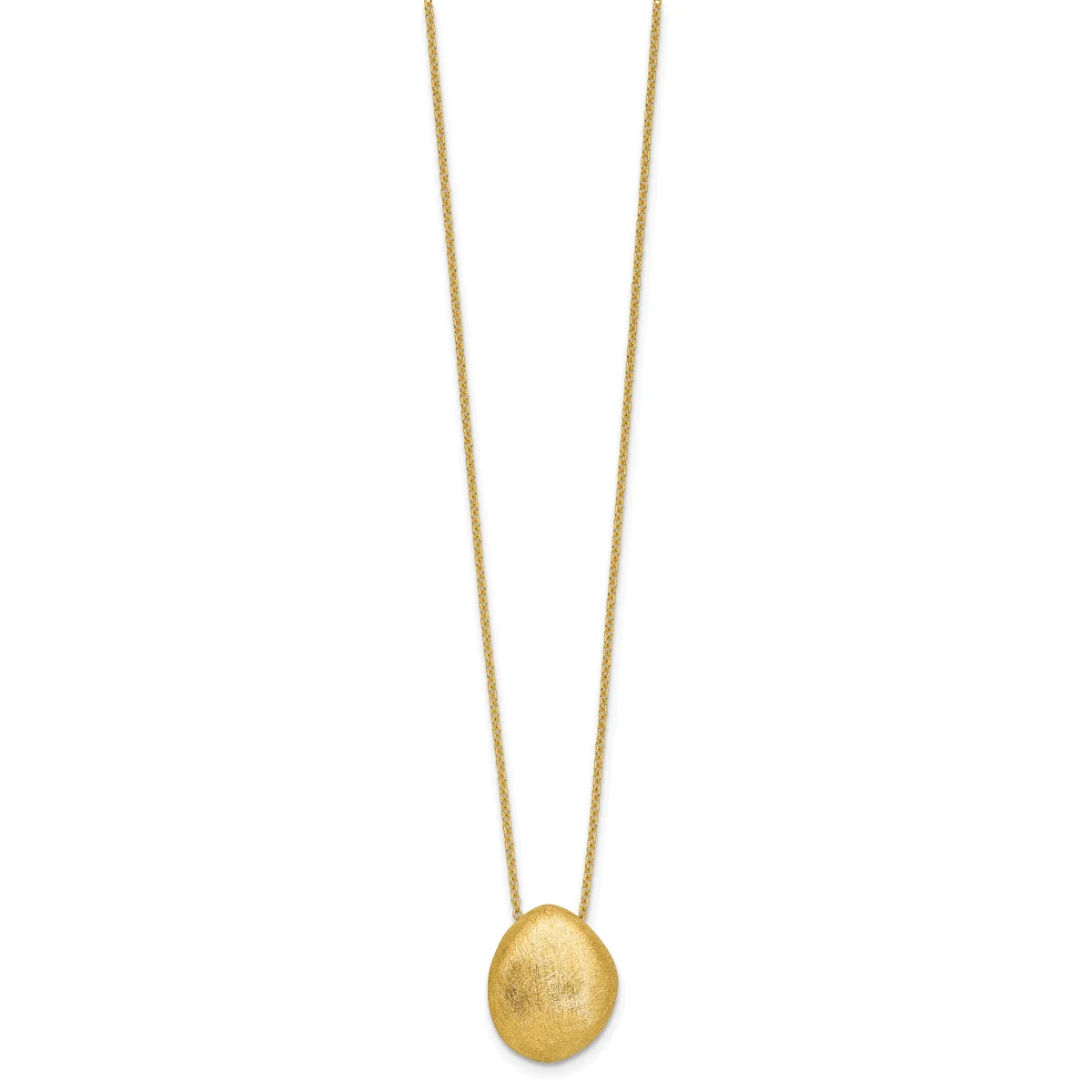 A gold spherical pendant hangs from a delicate gold chain against a white background.