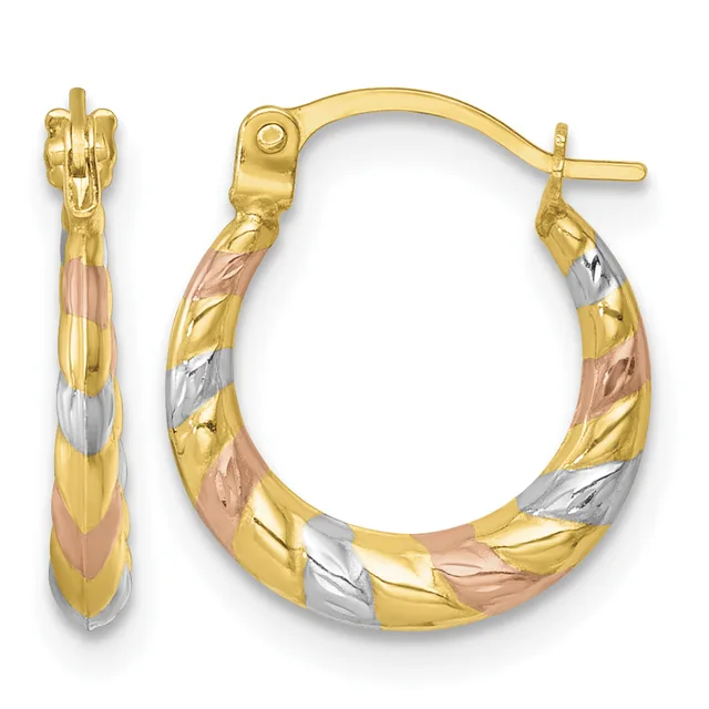 Pair of tricolor gold hoop earrings with twisted texture and yellow, rose, and white gold sections, shown from front and side views.